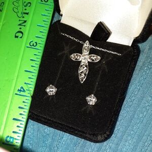 GENUINE SOLID Sterling Silver Cross Necklace and Earring 4pc Set